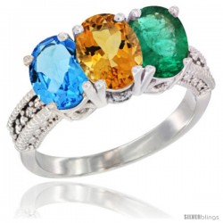 14K White Gold Natural Swiss Blue Topaz, Citrine & Emerald Ring 3-Stone 7x5 mm Oval Diamond Accent