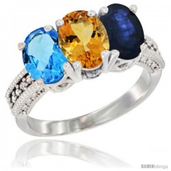 14K White Gold Natural Swiss Blue Topaz, Citrine & Blue Sapphire Ring 3-Stone 7x5 mm Oval Diamond Accent