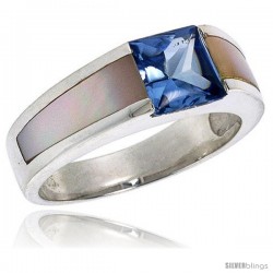 Sterling Silver 2.0 Carat Size Princess Cut Blue Topaz Colored CZ Mother of Pearl Solitaire Ring