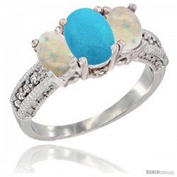 10K White Gold Ladies Oval Natural Turquoise 3-Stone Ring with Opal Sides Diamond Accent