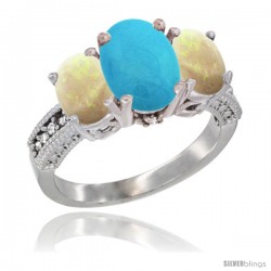 10K White Gold Ladies Natural Turquoise Oval 3 Stone Ring with Opal Sides Diamond Accent