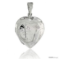 Sterling Silver Large Hand Engraved Heart Locket, 1 1/8 x 1 1/4 in