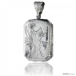 Large Sterling Silver Hand Engraved Rectangular Locket, 7/8 in X 1 3/16 in