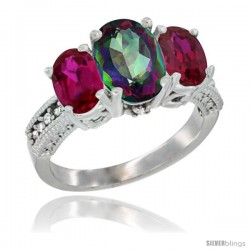 10K White Gold Ladies Natural Mystic Topaz Oval 3 Stone Ring with Ruby Sides Diamond Accent