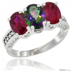 10K White Gold Natural Mystic Topaz & Ruby Sides Ring 3-Stone Oval 7x5 mm Diamond Accent