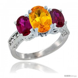 10K White Gold Ladies Natural Citrine Oval 3 Stone Ring with Ruby Sides Diamond Accent