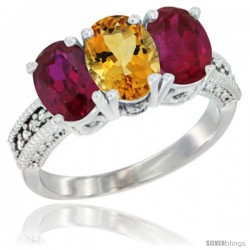 10K White Gold Natural Citrine & Ruby Sides Ring 3-Stone Oval 7x5 mm Diamond Accent