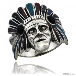 Sterling Silver Indian Chief Ring w/ Colored Enamel War Bonnet, 1 in wide