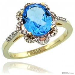 14k Yellow Gold Diamond Halo Blue Topaz Ring 1.65 Carat Oval Shape 9X7 mm, 7/16 in (11mm) wide