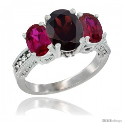 10K White Gold Ladies Natural Garnet Oval 3 Stone Ring with Ruby Sides Diamond Accent