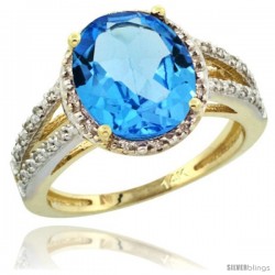 14k Yellow Gold Diamond Halo Blue Topaz Ring 2.85 Carat Oval Shape 11X9 mm, 7/16 in (11mm) wide