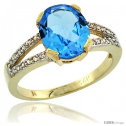 14k Yellow Gold and Diamond Halo Blue Topaz Ring 2.4 carat Oval shape 10X8 mm, 3/8 in (10mm) wide