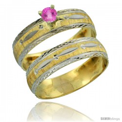 10k Gold Ladies' 2-Piece 0.25 Carat Pink Sapphire Engagement Ring Set Diamond-cut Pattern Rhodium Accent, 3/16 -Style 10y502e2