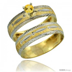 10k Gold Ladies' 2-Piece 0.25 Carat Yellow Sapphire Engagement Ring Set Diamond-cut Pattern Rhodium Accent, -Style 10y502e2