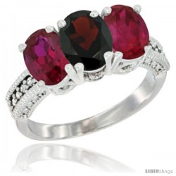 10K White Gold Natural Garnet & Ruby Sides Ring 3-Stone Oval 7x5 mm Diamond Accent