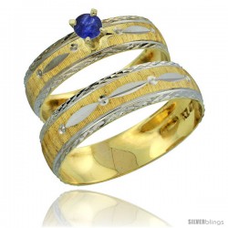 10k Gold 2-Piece 0.25 Carat Deep Blue Sapphire Ring Set (Engagement Ring & Man's Wedding Band) Diamond-cut -Style 10y502em