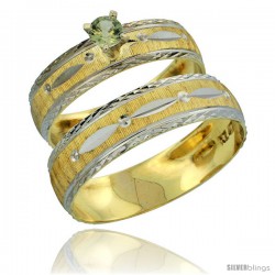 10k Gold 2-Piece 0.25 Carat Green Sapphire Ring Set (Engagement Ring & Man's Wedding Band) Diamond-cut Pattern -Style 10y502em