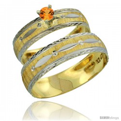 10k Gold 2-Piece 0.25 Carat Orange Sapphire Ring Set (Engagement Ring & Man's Wedding Band) Diamond-cut Pattern -Style 10y502em