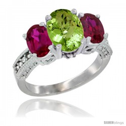 10K White Gold Ladies Natural Peridot Oval 3 Stone Ring with Ruby Sides Diamond Accent