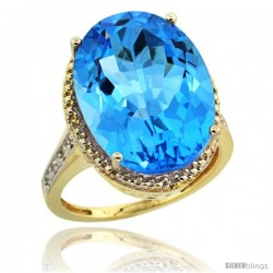 14k Yellow Gold Diamond Swiss Blue Topaz Ring 13.56 Carat Oval Shape 18x13 mm, 3/4 in (20mm) wide