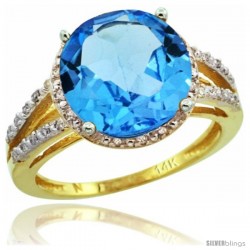 14k Yellow Gold Diamond Swiss Blue Topaz Ring 5.25 ct Round Shape 11 mm, 1/2 in wide