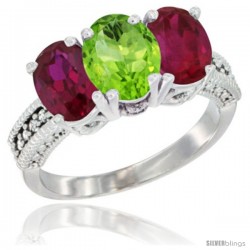 10K White Gold Natural Peridot & Ruby Sides Ring 3-Stone Oval 7x5 mm Diamond Accent