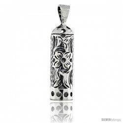 Sterling Silver Mezuzah Pendant Tubular Shape w/ Floral Pattern, 1 in. (25 mm) tall