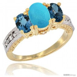 10K Yellow Gold Ladies Oval Natural Turquoise 3-Stone Ring with London Blue Topaz Sides Diamond Accent