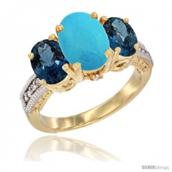 10K Yellow Gold Ladies 3-Stone Oval Natural Turquoise Ring with London Blue Topaz Sides Diamond Accent