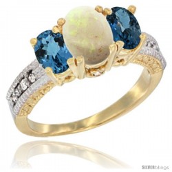 10K Yellow Gold Ladies Oval Natural Opal 3-Stone Ring with London Blue Topaz Sides Diamond Accent