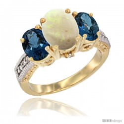 10K Yellow Gold Ladies 3-Stone Oval Natural Opal Ring with London Blue Topaz Sides Diamond Accent