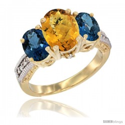 10K Yellow Gold Ladies 3-Stone Oval Natural Whisky Quartz Ring with London Blue Topaz Sides Diamond Accent