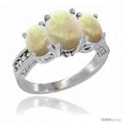 10K White Gold Ladies Natural Opal Oval 3 Stone Ring Diamond Accent