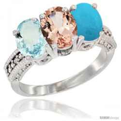 14K White Gold Natural Aquamarine, Morganite & Turquoise Ring 3-Stone Oval 7x5 mm Diamond Accent