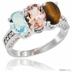 14K White Gold Natural Aquamarine, Morganite & Tiger Eye Ring 3-Stone Oval 7x5 mm Diamond Accent