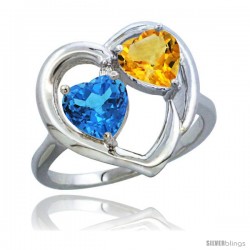 14k White Gold 2-Stone Heart Ring 6mm Natural Swiss Blue & Citrine Diamond Accent