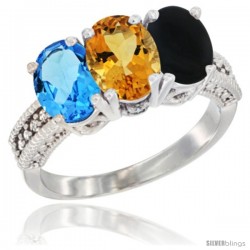 14K White Gold Natural Swiss Blue Topaz, Citrine & Black Onyx Ring 3-Stone 7x5 mm Oval Diamond Accent