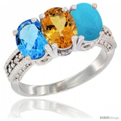 14K White Gold Natural Swiss Blue Topaz, Citrine & Turquoise Ring 3-Stone 7x5 mm Oval Diamond Accent