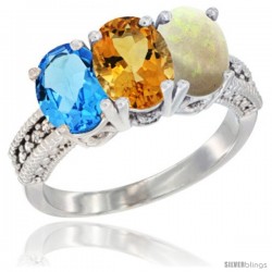 14K White Gold Natural Swiss Blue Topaz, Citrine & Opal Ring 3-Stone 7x5 mm Oval Diamond Accent