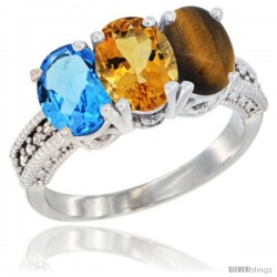 14K White Gold Natural Swiss Blue Topaz, Citrine & Tiger Eye Ring 3-Stone 7x5 mm Oval Diamond Accent