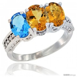 14K White Gold Natural Swiss Blue Topaz, Citrine & Whisky Quartz Ring 3-Stone 7x5 mm Oval Diamond Accent