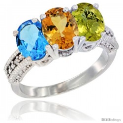 14K White Gold Natural Swiss Blue Topaz, Citrine & Lemon Quartz Ring 3-Stone 7x5 mm Oval Diamond Accent