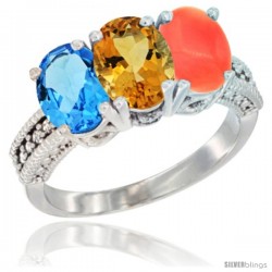 14K White Gold Natural Swiss Blue Topaz, Citrine & Coral Ring 3-Stone 7x5 mm Oval Diamond Accent