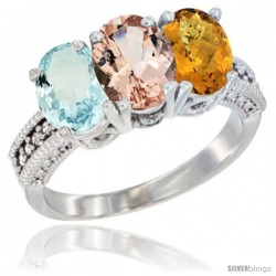 14K White Gold Natural Aquamarine, Morganite & Whisky Quartz Ring 3-Stone Oval 7x5 mm Diamond Accent