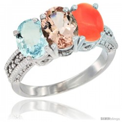 14K White Gold Natural Aquamarine, Morganite & Coral Ring 3-Stone Oval 7x5 mm Diamond Accent