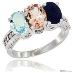 14K White Gold Natural Aquamarine, Morganite & Lapis Ring 3-Stone Oval 7x5 mm Diamond Accent