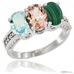 14K White Gold Natural Aquamarine, Morganite & Malachite Ring 3-Stone Oval 7x5 mm Diamond Accent