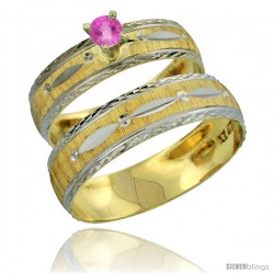 10k Gold 2-Piece 0.25 Carat Pink Sapphire Ring Set (Engagement Ring & Man's Wedding Band) Diamond-cut Pattern -Style 10y502em