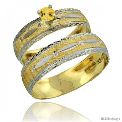 10k Gold 2-Piece 0.25 Carat Yellow Sapphire Ring Set (Engagement Ring & Man's Wedding Band) Diamond-cut Pattern -Style 10y502em