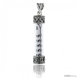 Sterling Silver Mezuzah Pendant w/ The Ten Commandments S Scroll Pattern in Glass Case, 1 5/16 in. (33 mm) tall